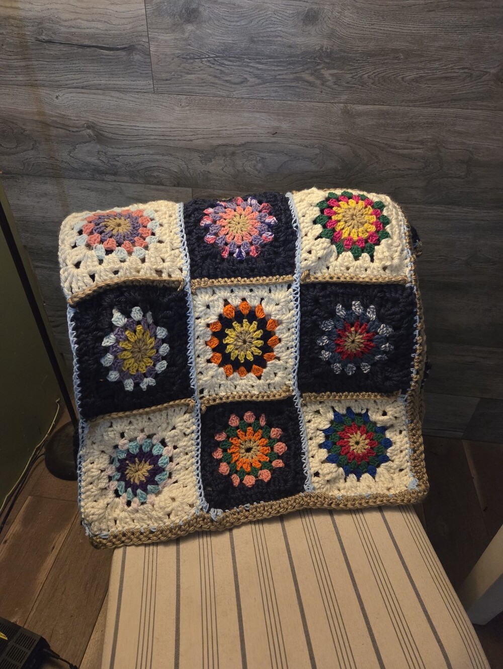Handmade Crochet Granny Square Throw - Navy, Cream & Multicolor - Picture 5 of 5